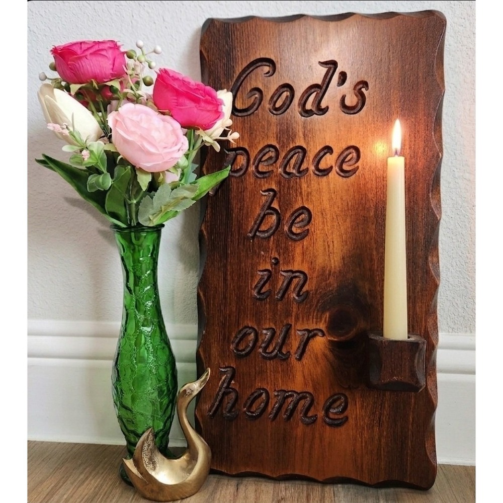VTG Hand Carved Wood Plaque Gods Peace‎ Be in Our Home Wall Decor Candle Holder